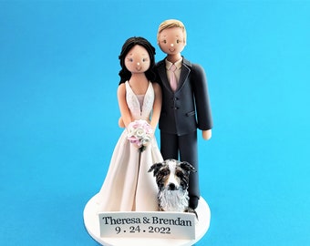 Bride & Groom with a Dog Customized Wedding Cake Topper - By MUDCARDS