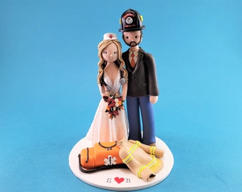 Firefighter & Nurse Customized First Responders Wedding Cake Topper - By MUDCARDS