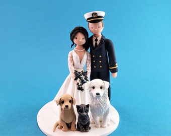 Bride & Groom with Pets Custom Navy Officer Wedding Cake Topper - By MUDCARDS