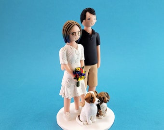 Bride & Groom with Dogs Personalized Wedding Cake Topper - By MUDCARDS