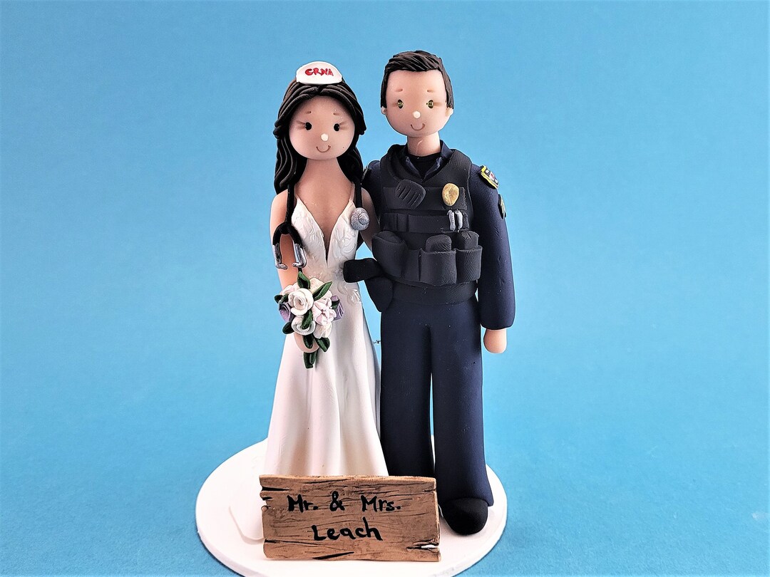 Handcuffed Police Officer & Nurse Custom Handmade Wedding Cake Topper