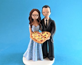 Bride & Groom with a Heart Shaped Pizza Custom Wedding Cake Topper - By MUDCARDS