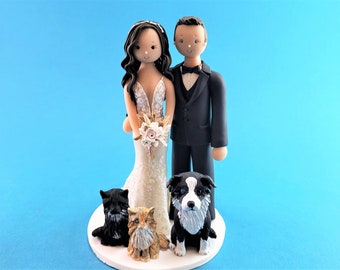 Bride & Groom with Pets Personalized Wedding Cake Topper - By MUDCARDS