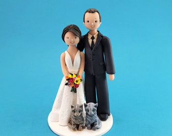 Bride & Groom with Cats Personalized Wedding Cake Topper - By MUDCARDS