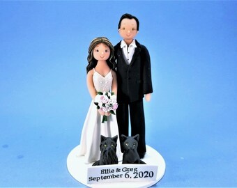 Bride & Groom with Cats Custom Made Wedding Cake Topper - By MUDCARDS