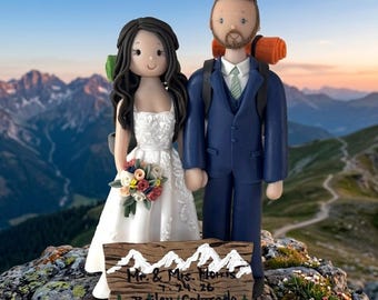 Bride & Groom Custom Handmade Outdoor Hiking Theme Wedding Cake Topper - By MUDCARDS