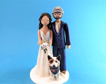 Bride & Groom Wearing a Baseball Cap with a Dog Wearing a Bandana Custom Made Wedding Cake Topper - By MUDCARDS
