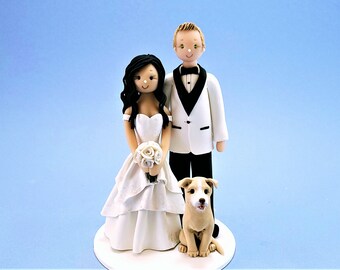 Bride & Groom with a Dog Custom Handmade Wedding Cake Topper - By MUDCARDS