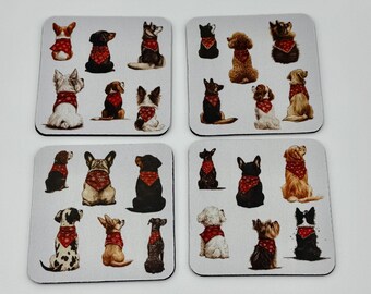 4 Funny Dog Breed Neoprene Coasters: Bandana Backsides, Set of 4