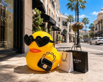 Yellow Rubber Duck With Black Heart Sunglasses & Matching Handbag | Car Dashboard Accessories