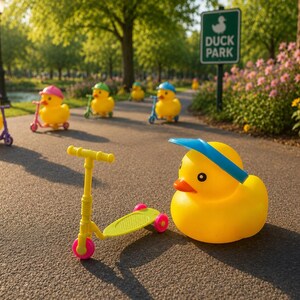 Puede incluir: Imagen soleada de patos de goma amarillos con patinetes de colores en un parque. Los patos llevan sombreros y montan patinetes con detalles rosas, morados, verdes y amarillos. Un letrero dice "Duck Park".