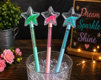 Glitter Pens | Stars | Ink With Cap | Green, Pink, Blue