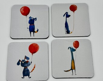 4 Funny Dog Neoprene Coasters: Whimsical Cartoon Art, Set of 4