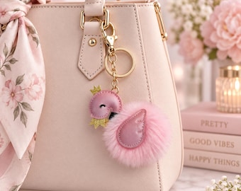 Pink Leather Flamingo With Soft Fuzz Keychain | Charm | Backpack