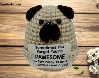 Brown Crochet Stuffed Dog PAWSOME Uplifting Quote