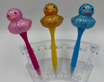 Glitter Rubber Duck Pens, Black Ink, Pink, Blue, Yellow/Gold