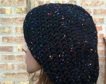 Slouchy Beanie, Eden Cap in Black Tweed, Slouchy Hat, Crocheted Beanie, Knit Accessories, Womens Slouchy Hat, Black Hat, Black Slouchy Hat