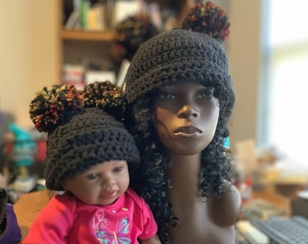 Mommy & Me Hat Set - Pompom Beanie-Women's Hat- Child's Hat-Mother Daughter Set-Black Hat-Winter Caps-Toddler Adult Hat- Photo Prop Hats