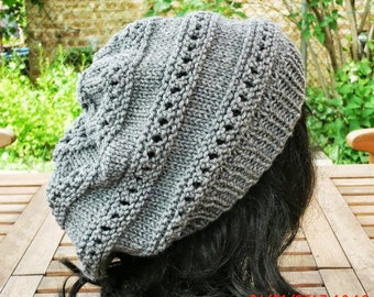 Hand Knit Eyelet Rasta in Gray, Womens Gray Slouchy Beanie, Handmade Winter Accessories, Fashion Knit Accessories