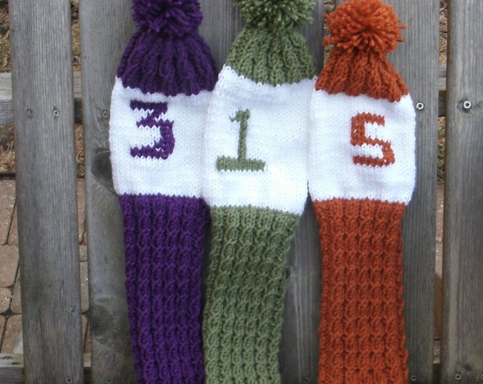 Set of 3 Knitted  Personalized Golf Club Covers - Oversize Head Golf Club Covers - Golf Accessory Gift Under 40 - Handmade Golf Club Covers