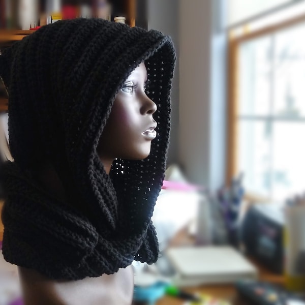 Hooded Scarf, Black Scarf, Hooded Cowl, Scarf with Hood, Hoodie Scarf, Crochet Hooded Scarf, Scarf