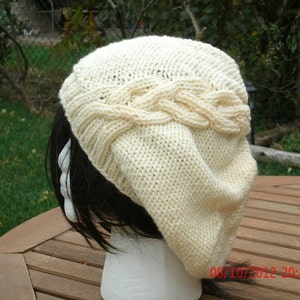 Knit Hat, Hand Knit Hat, Cableret in Cream, Winter Hat, Womens Slouchy Hat, Slouchy Beret, White Winter Hat, Knit Beanie, White Slouchy