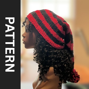 May include: A knit beanie featuring horizontal stripes in alternating black and red colors. The hat has a long, slouchy shape that hangs down the back. The word PATTERN is printed vertically in white capital letters on the left side of the image.