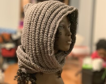 Hooded Scarf, Hooded Cowl, Gray Scarf, Scarf with Hood, Crochet Hooded Scarf, Womens Scarf, Winter Scarf, Gray Hooded Scarf
