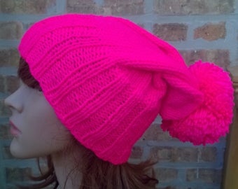 Knit Hat, Hand Knit Hat, Pink Pom-Pom Hat, Winter Hat, Knit Beanie, Slouchy Hat, Pink Knit Hat, Knit Slouchy Hat, Womens Hat, Handmade Hat