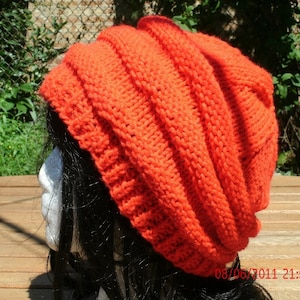 Knit Hat, Hand Knit Hat, 3 Rib Hat in Orange, Womens Hat, Womens Knit Hat, Winter Hat, Slouchy Hat, Slouchy Beanie, Orange Slouch Hat