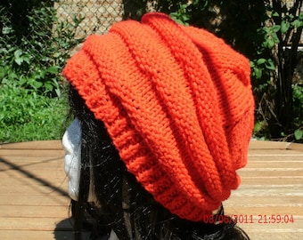Knit Hat, Hand Knit Hat, 3 Rib Hat in Orange, Womens Hat, Womens Knit Hat, Winter Hat, Slouchy Hat, Slouchy Beanie, Orange Slouch Hat