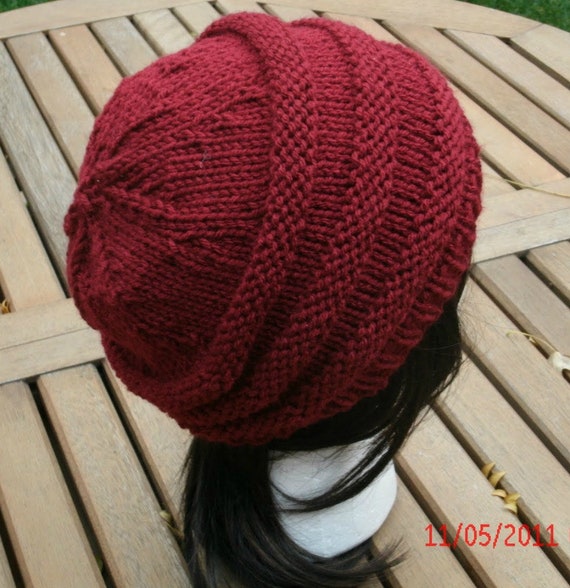 Knit Hat, Hand Knit Hat, 3 Rib in Cranberry, Knit  display picture 2