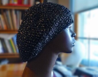 Women’s Hat, Crochet Beanie, Eden in Black Sparkle, Slouchy Beanie, Fall Accessories, Women's Accessories,Black Beanie