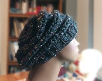 Made to Order Lace Slouchy in Black Tweed, Knit Accessories, Winter Hat in Black