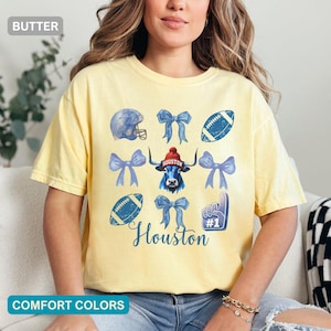 Comfort Colors Houston Shirt, Vintage Football T-Shirt, Game Day Coquette Bow Tee, Houston Football Shirt for Her, Houston Gift for Women