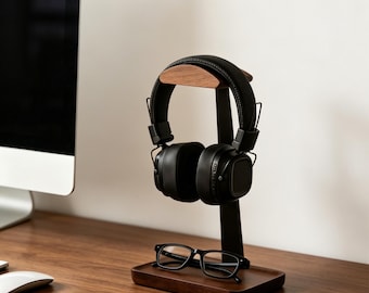 Wooden Headphone Stand, Headphone Stand with Base and Storage Tray, Desktop Office Storage Rack