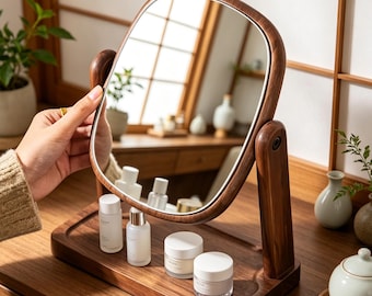 Mirror,Vanity Mirror,Wooden Vanity Mirror with Tray – Adjustable Tabletop Makeup Mirror for Dressing Table
