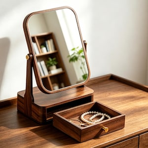 Specchio da tavolo regolabile in legno per il trucco – Specchio da scrivania per la toeletta