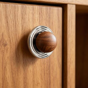 Op de afbeelding: Close-up van een houten kastdeur met een decoratieve knop. De knop heeft een zilverkleurige, cirkelvormige basis met concentrische ringen en een ronde, donkerbruine houten kern. De kast is gemaakt van lichtbruin hout.