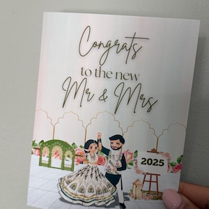 Tarjeta de boda india, regalo de felicitación para novios, saludo para el día de la boda desi, pareja tradicional feliz, tarjeta de boda en blanco