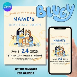 Faire-part d'anniversaire, Faire-part sur le thème Bluey, anniversaire pour enfants en toile, Faire-part d'anniversaire numérique