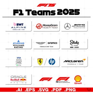 Könnte beinhalten: Eine grafische Darstellung der Formel-1-Teams 2025, einschließlich der Logos von Alpine, Haas, Petronas, Williams, Aston Martin, Alfa Romeo, Ferrari, McLaren, Red Bull und Shell.