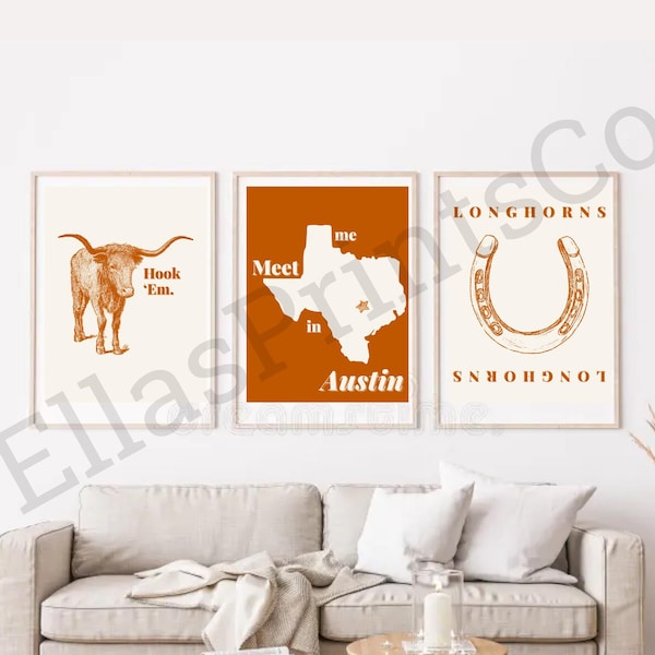 University of Texas, Austin. Texas Longhorns, Hook em wall art. Apartment and dorm decor UT Austin