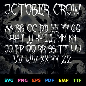 Könnte beinhalten: Ein Schriftdesign namens "October Crow" mit einem gruseligen, gotischen Thema. Die Schriftart wird in Großbuchstaben mit einem gezackten, handgezeichneten Stil angezeigt. Der Hintergrund zeigt eine dunkle, stimmungsvolle Szene mit Krähen, einem Vollmond und Bäumen.