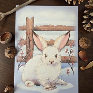 Impression d'art lapin d'hiver et carte postale - décoration de lapin mignon pour la maison ou un cadeau, art mural Winter Wonderland, cadeau pour les amoureux des animaux