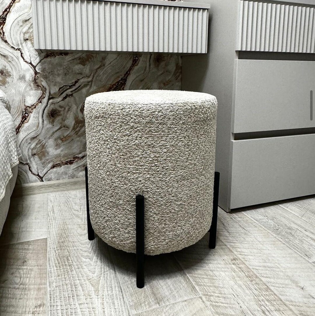 Round Plush Ottoman, Modern Pouf Stool, Soft Upholstered Seat, Living ...