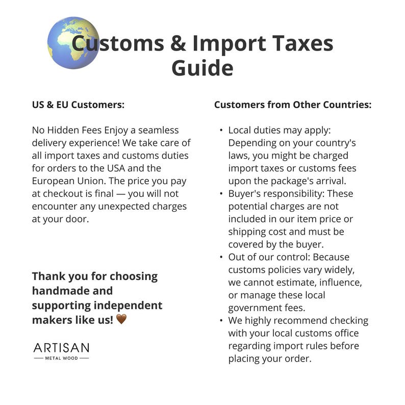 Pu&ograve; includere: Una guida intitolata "Guida alle tasse doganali e di importazione" con un globo. Spiega i dazi all'importazione per i clienti statunitensi e dell'UE e per altri paesi. Il logo Artisan Metal Wood &egrave; in basso.
