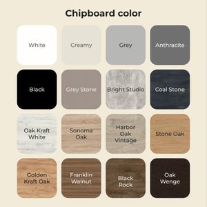 Pu&ograve; includere: Una tabella colori che mostra vari colori di truciolato. La tabella include quadrati etichettati con nomi come "Bianco", "Nero", "Grey Stone", "Sonoma Oak" e "Golden Kraft Oak". Il testo "Chipboard color" &egrave; in alto.