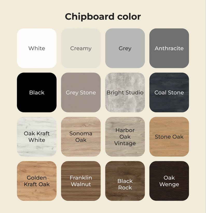 Pu&ograve; includere: Una tabella colori che mostra vari colori di truciolato. La tabella include quadrati etichettati con nomi come "Bianco", "Nero", "Grey Stone", "Sonoma Oak" e "Golden Kraft Oak". Il testo "Chipboard color" &egrave; in alto.