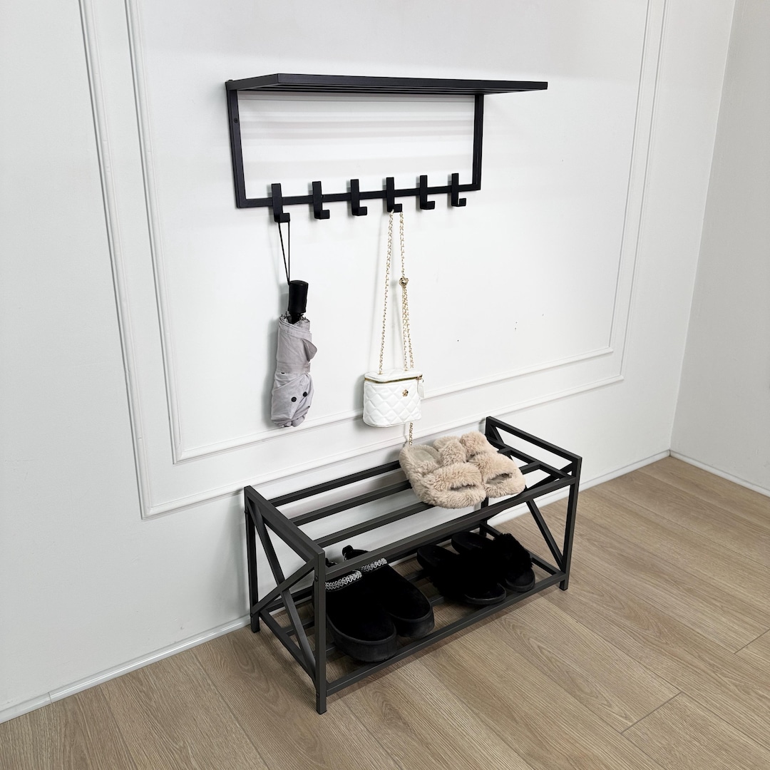 Metal Low Shoe and Coat Rack Set, Wall Mount Metal Coat Rack, Wide Shoe ...